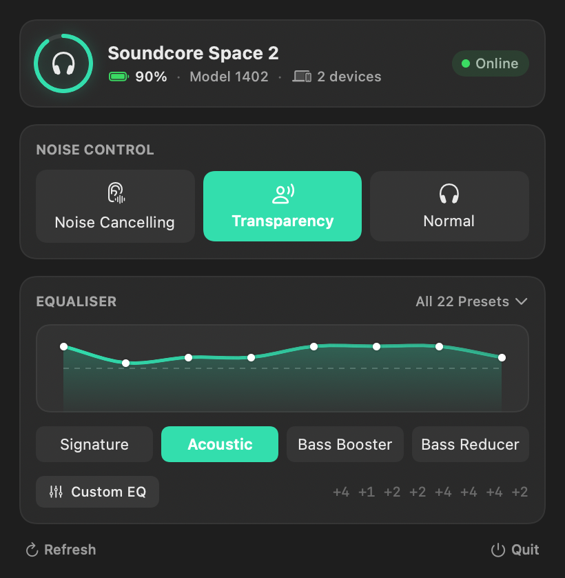 The panel in transparency mode, where the accent colour shifts to teal