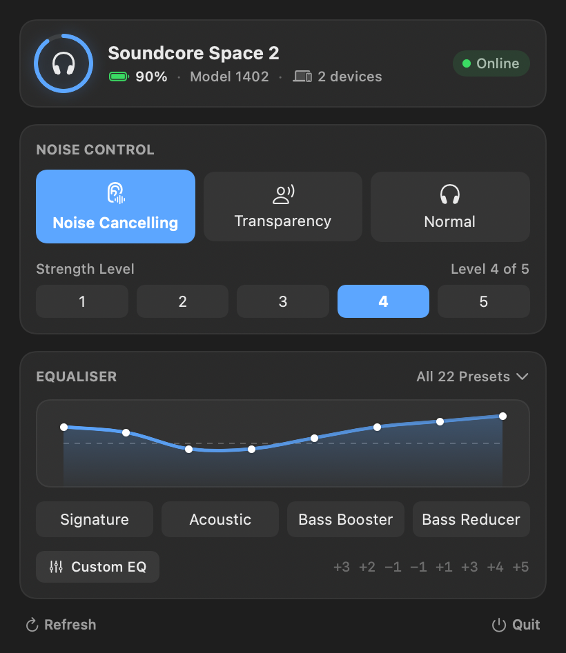 The SoundcoreBridge menu bar panel showing battery, noise control and the equaliser